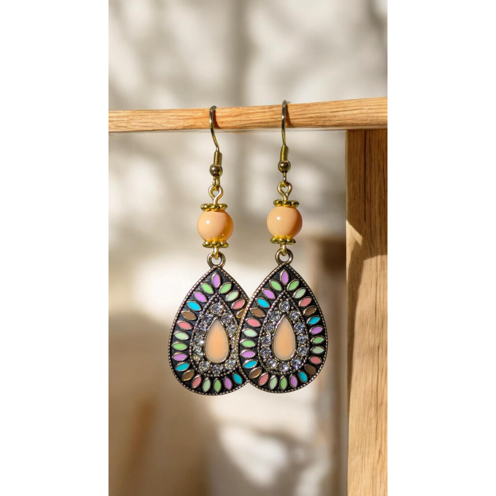 Boho Peach Orange Teardrop Dangle Earrings Antiqued Bronze Bohemian Jewelry